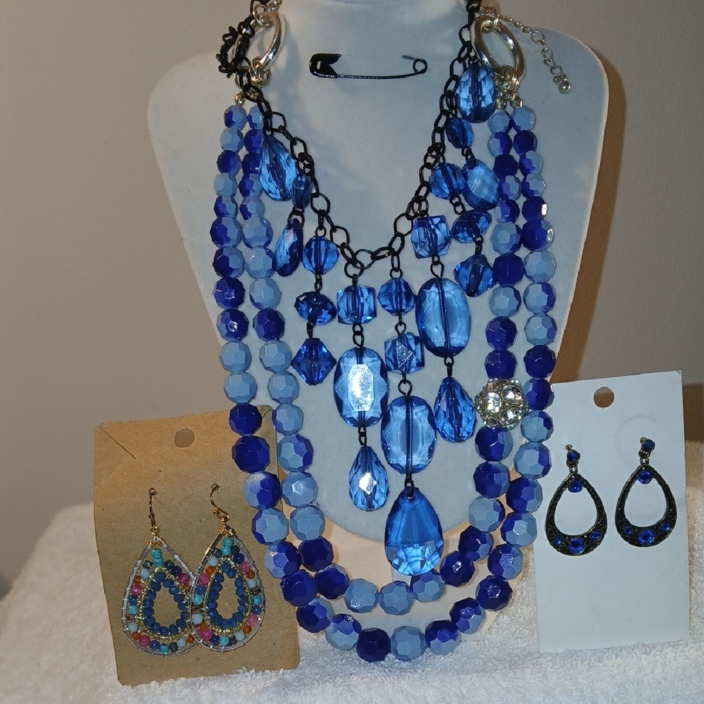 Blue Multi-Strand Statement Necklace, Earrings/Bundle - Picture 1 of 7